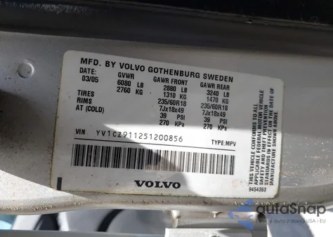 2005 Volvo Xc90 2.5T Awd from USA, damaged, VIN YV1CZ911251200856